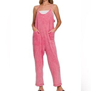 Washed Spaghetti Straps Overalls with Pockets - Fuchsia
